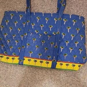Blue Quilted Tote Bag with Palm Tree Print